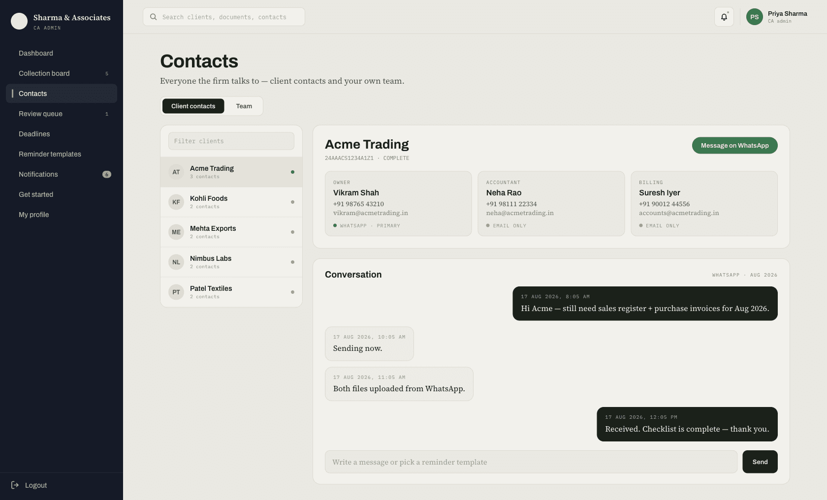 Fyliio contacts page asking a client on WhatsApp for the August sales register and purchase invoices